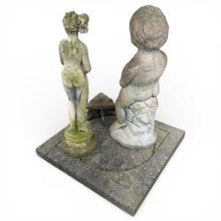 Small cast stone female figure with two fountains and other items