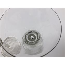 18th century wine glass, the trumpet shaped bowl upon tear drop stem and conical folded foot, H15.5cm, together with an 18th century cordial glass, the round funnel bowl on plain knopped stem and folded conical foot