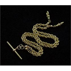 9ct gold Albert T bar watch chain/necklace with rope twist links and two clips, stamped 375, approx 10.9gm