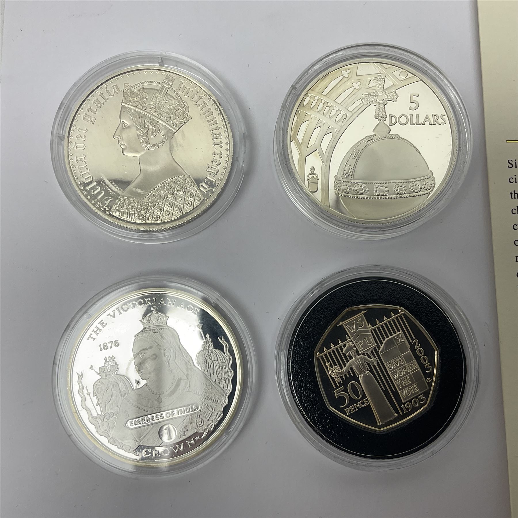 Thirteen silver coins, including Queen Elizabeth II Solomon Islands 2002 sterling silver five dollars, Alderney 2002 sterling silver five pounds, Fiji 2002 sterling silver ten dollars, United Kingdom 2003 one ounce fine silver Britannia, 2003 'Give Women The Vote' fifty pence etc, all with some form of certificate
