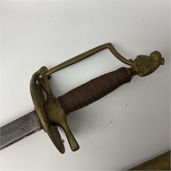 Reproduction American Civil War Cavalry trooper's sword, the 88cm slightly curving fullered steel blade marked to the ricasso 'Ames & Co Chicopee Mass.' and 'US ADK 1862'; brass hilt and leather covered grip; in steel scabbard; and Indian reproduction 19th century French court sword (2)