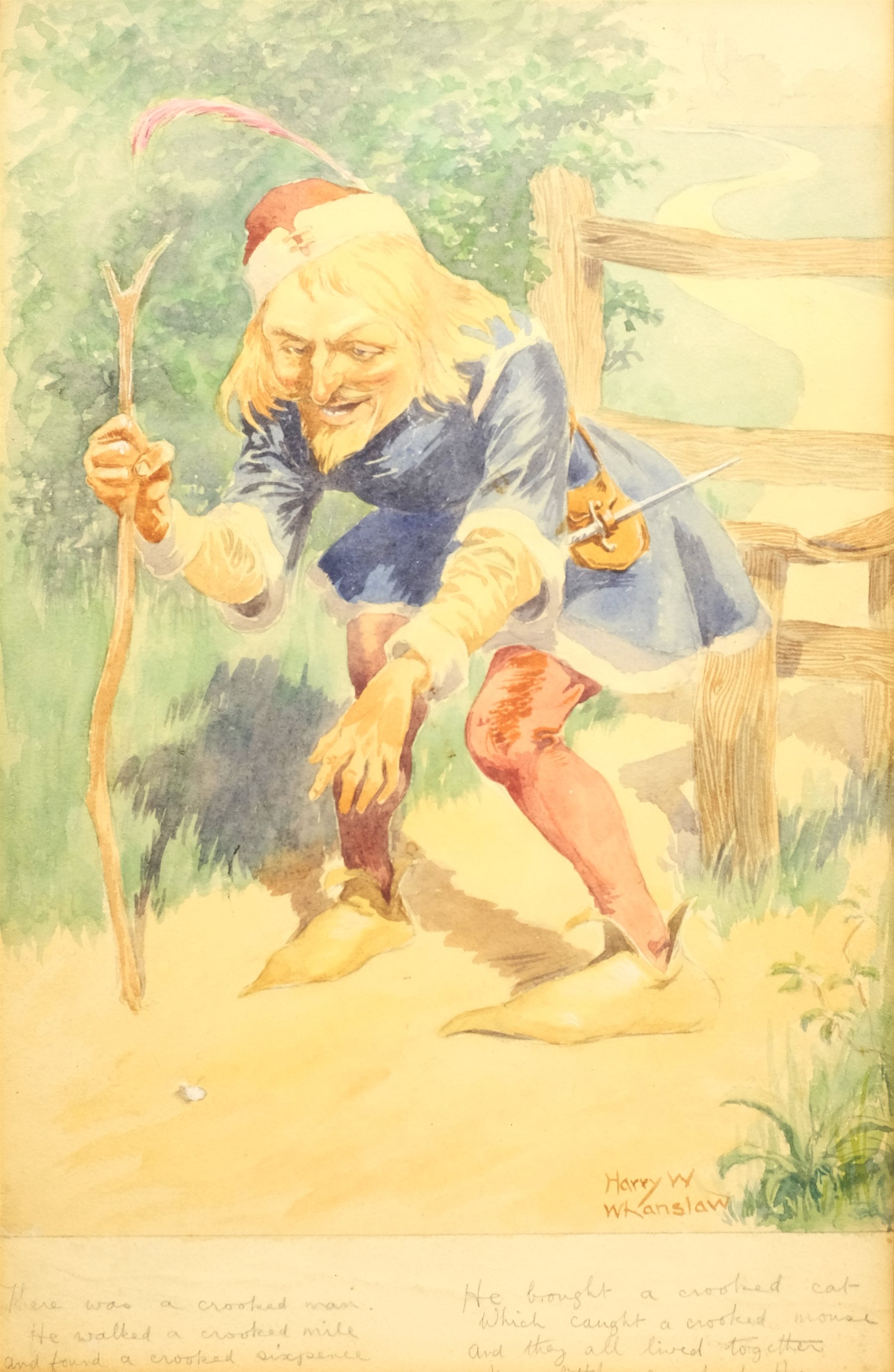 Harry William Whanslaw (British 1883-1965): 'There Was a Crooked Man', watercolour signed and inscribed with the rhyme's lyrics beneath 36cm x 23cm