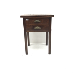 19th century marquetry topped folding mahogany games table, two drawers, square supports, W55cm, H74cm, D51cm