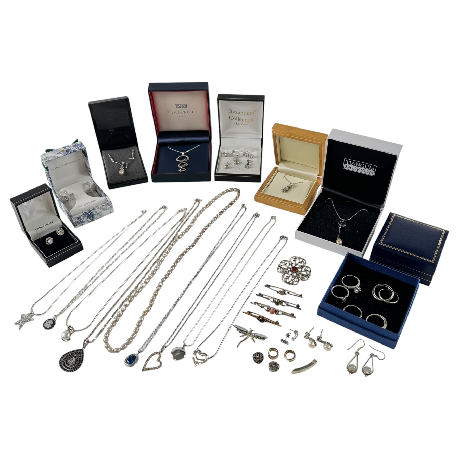 Stone set silver jewellery, including earrings, brooches, rings, necklaces and a some costume jewellery