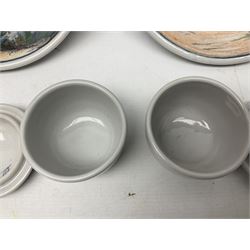 Highland Stoneware Scotland, decorated with landscapes and seascapes, comprising of two bowls, plate and two covered trinket boxes 