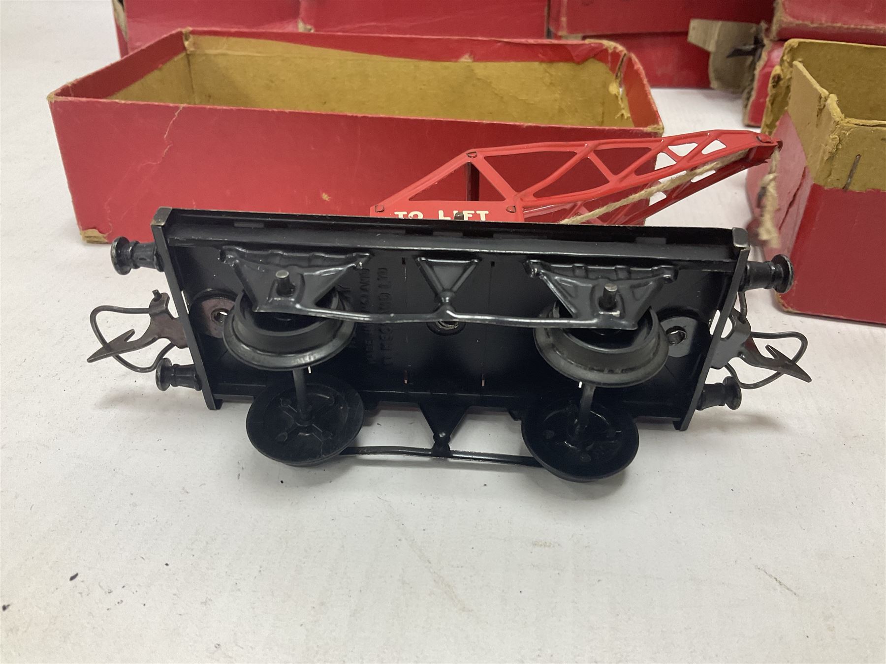 Hornby ‘0’ gauge - LNER 0-4-0 no.460 type 101 locomotive in green with key; further boxed ‘0’ gauge to include no.1 Crane Truck, no.2 single arm signals, open and closed goods wagons and cars; large quantity of track to include railway crossing, straight and curved track etc, in two boxes 