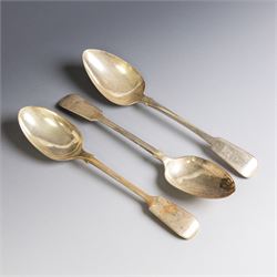 Three Fiddle pattern table spoons, comprising an Edwardian pair hallmarked Robert Stebbing...