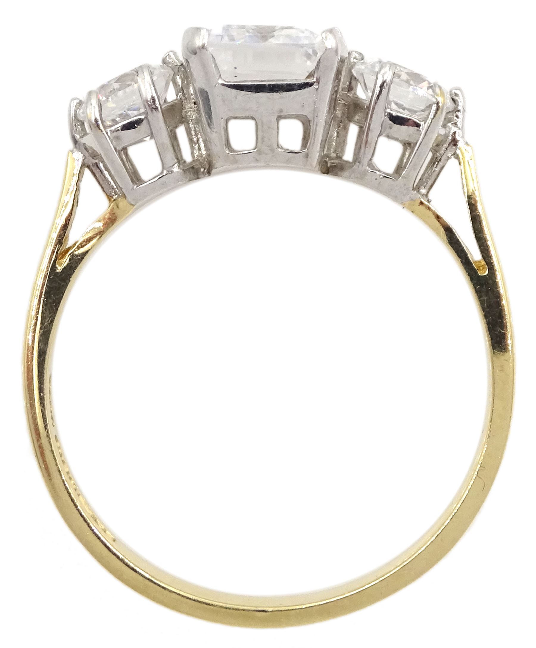 14ct gold three stone emerald and round cut cubic zirconia ring, hallmarked 