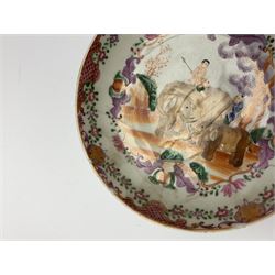18th Century Chinese export tea bowl and saucer, decorated in the Famille Rose pallet with figures and elephants, tea bowl D8.5cm, saucer D13.5cm