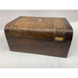 Victorian walnut box with Tunbridge ware banding and mother-of-pearl inlay, W29.5cm H14cm, together with first aid kit box and Group of early 20th century ornate gold plated (tested) and gilt brooch frames and panel fronts