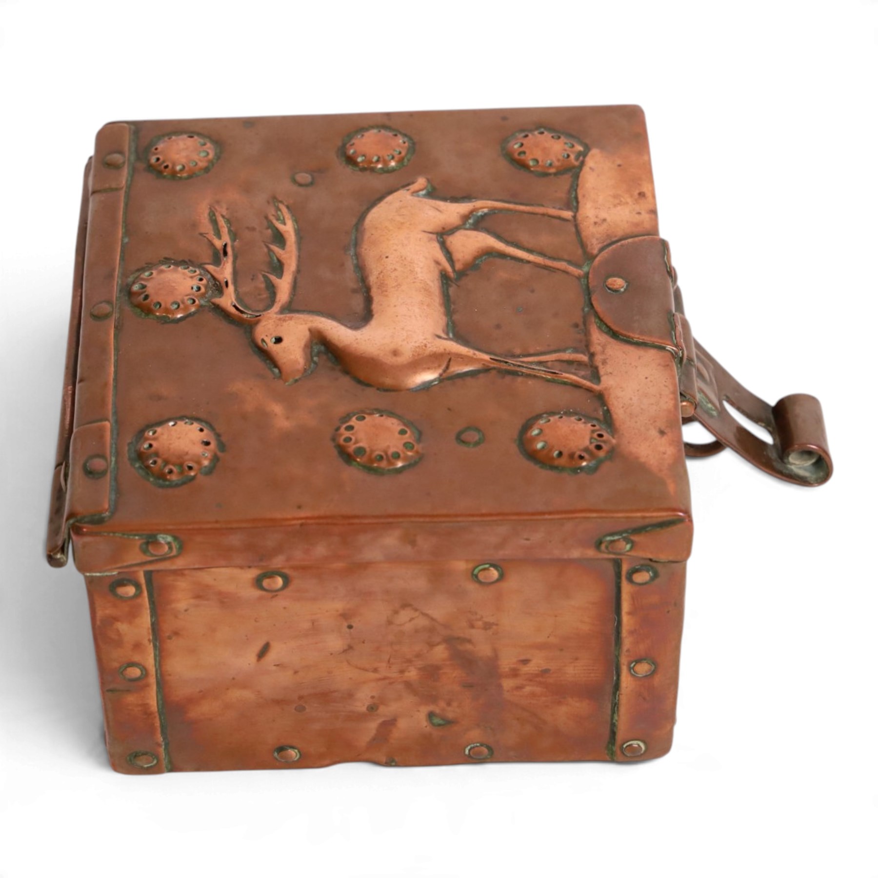 John Pearson  (British, 1859-1930) for Newlyn - Arts & Crafts copper box with central Hart motif, , wood interior, signed JP to the reverse, H8cm, D12cm 