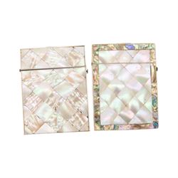 Two Victorian mother of pearl card cases, each approximately H10.5cm W8cm, together with two mother of pearl shell boxes, largest L7.5cm