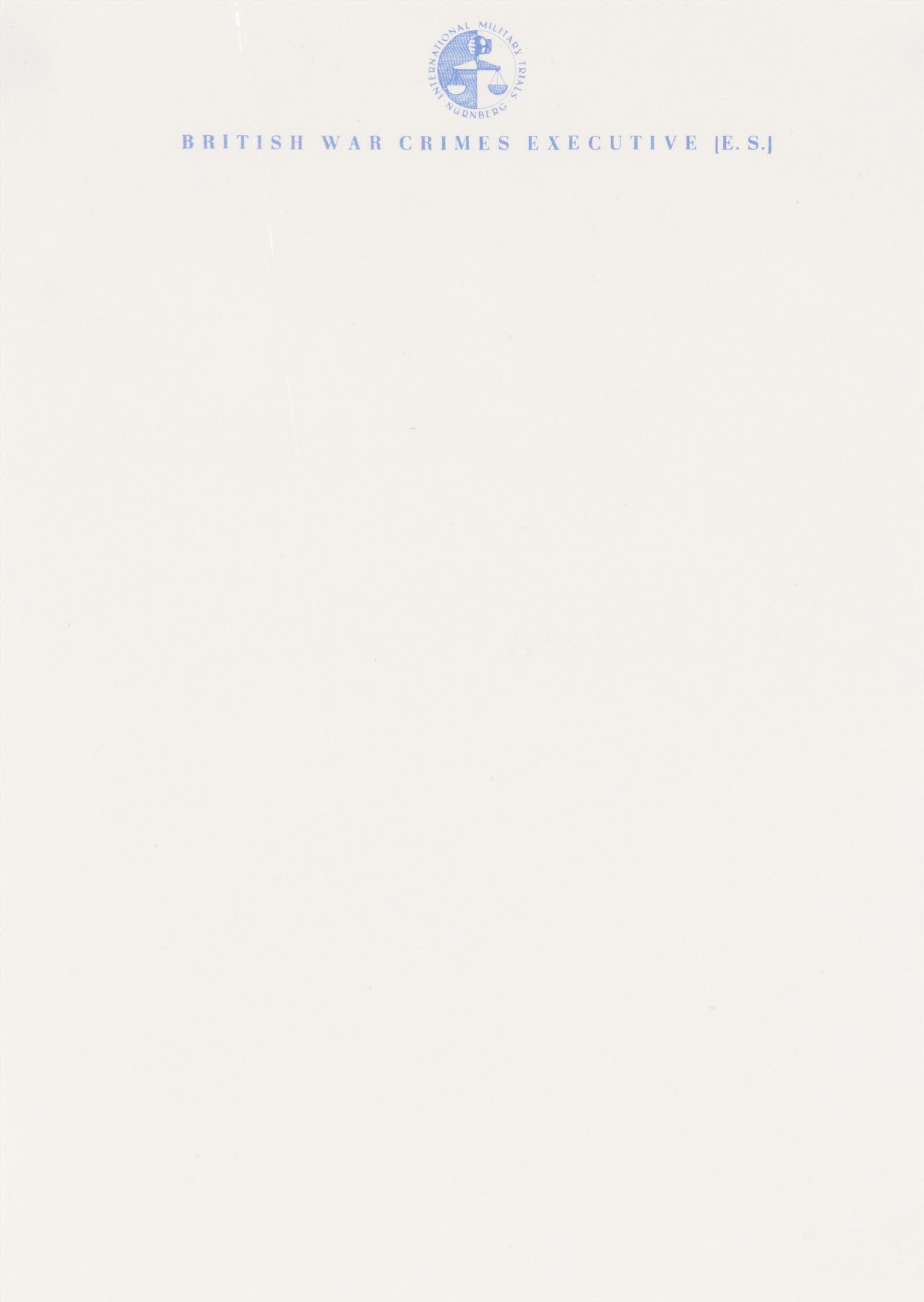 Nuremburg Trails; Booklet: Crime and Court, two letterhead papers for the British War Crimes Executive (E.S.), Press photograph and poster