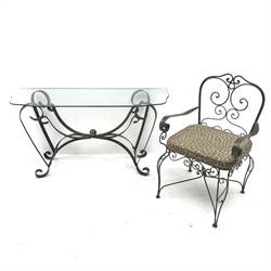 20th century wrought metal console table, shaped glass top, scrolling supports (W132cm, H69cm, D46cm) with matching armchair (W59cm)