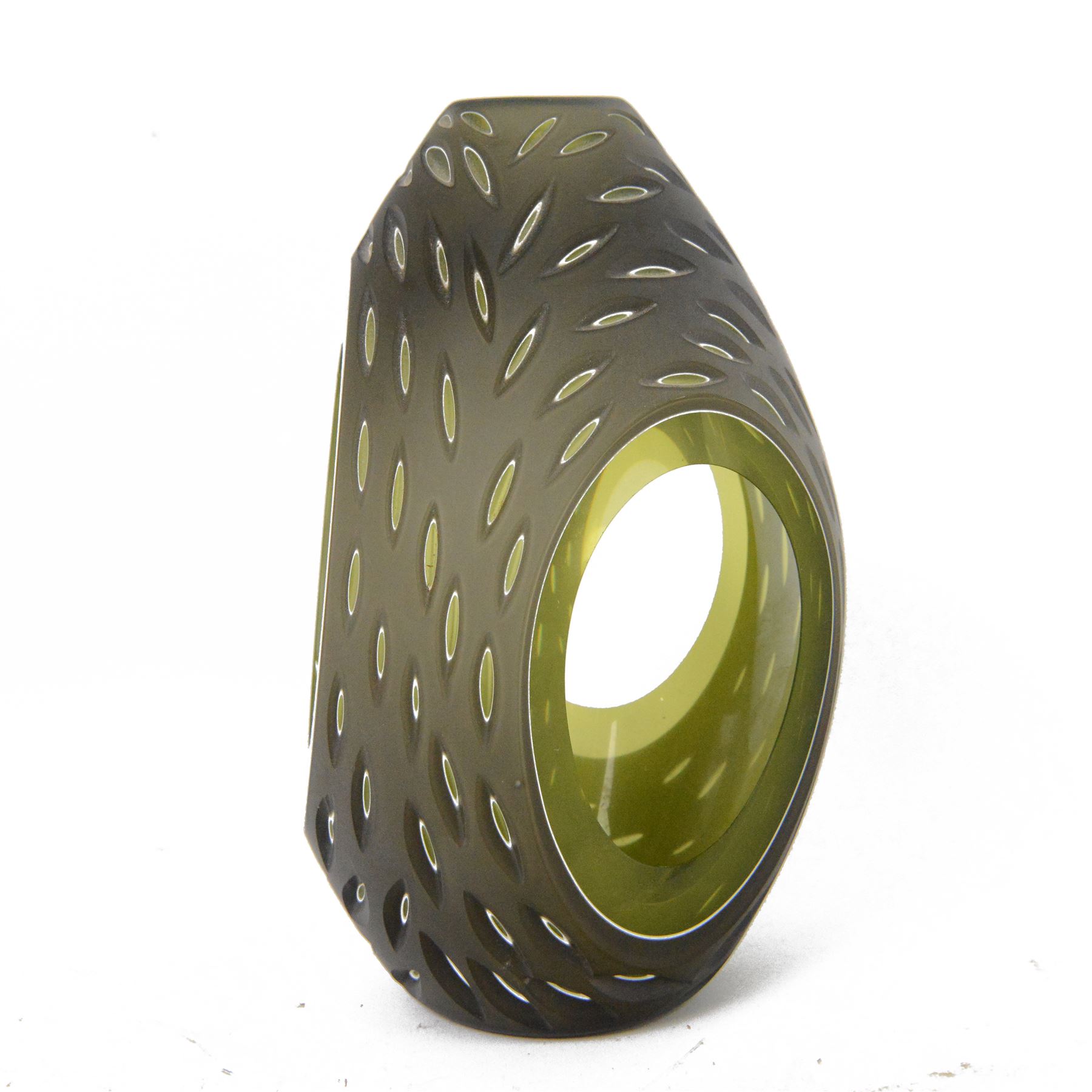 Richie Alli; Diamond cut green glass sculpture, signed to the base, H26cm