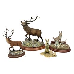 Four Border Fine Arts figure groups, comprising Red Stag A1485, Flopsy JH23, The Gardener A0129, and Red Stag A7686