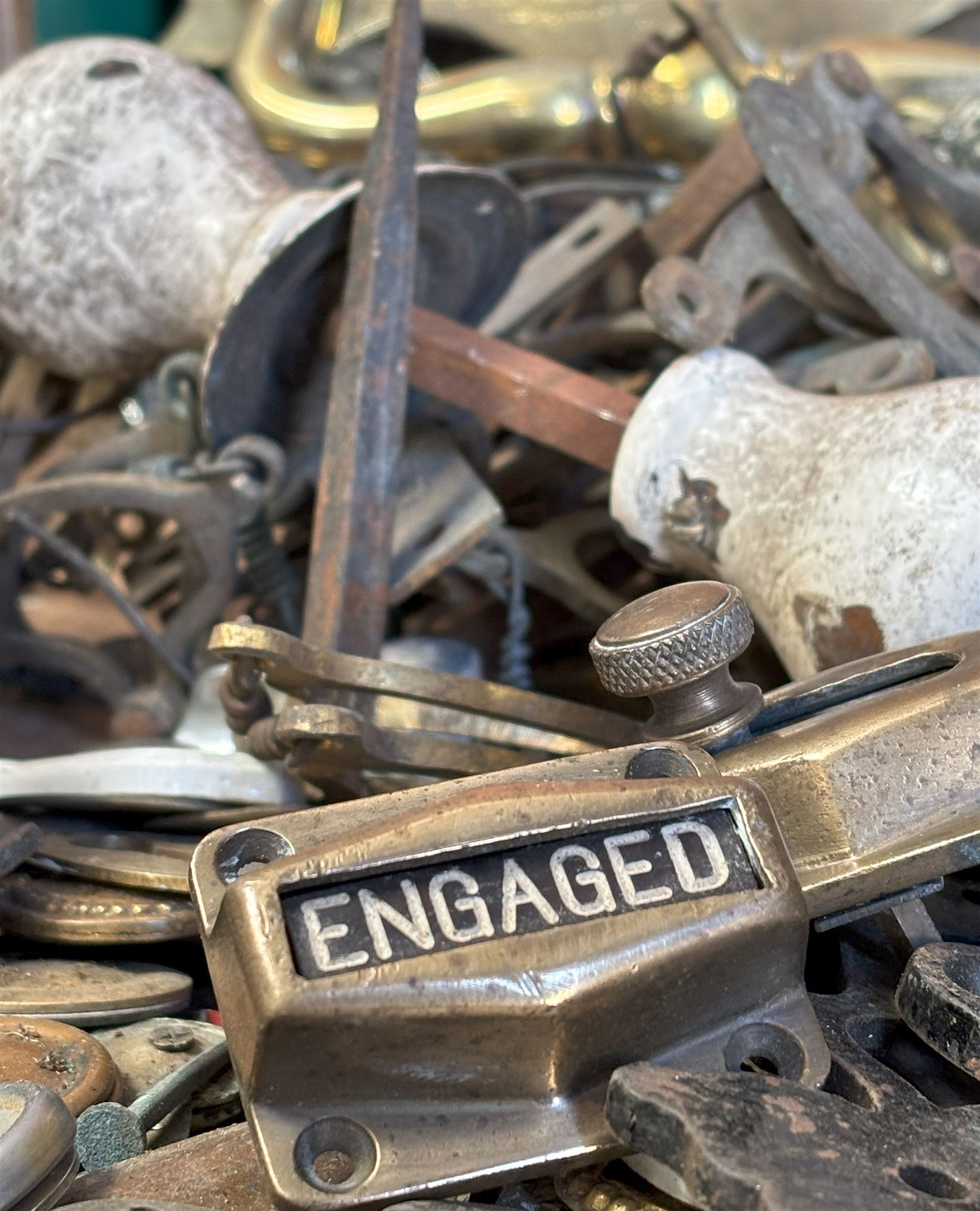 Three boxes of mixed vintage hardware and accessories, to include early 20th century gilt brass beehive curtain pole finials, curtain pole rings, door handles, escutcheons, letter box door knockers, Victorian glass drawer pulls etc.  - COLLECTION BY APPOINTMENT FROM: The White House, Thirsk Road, Easingwold, York, YO61 3NF - CALL 01723 507111 TO ARRANGE