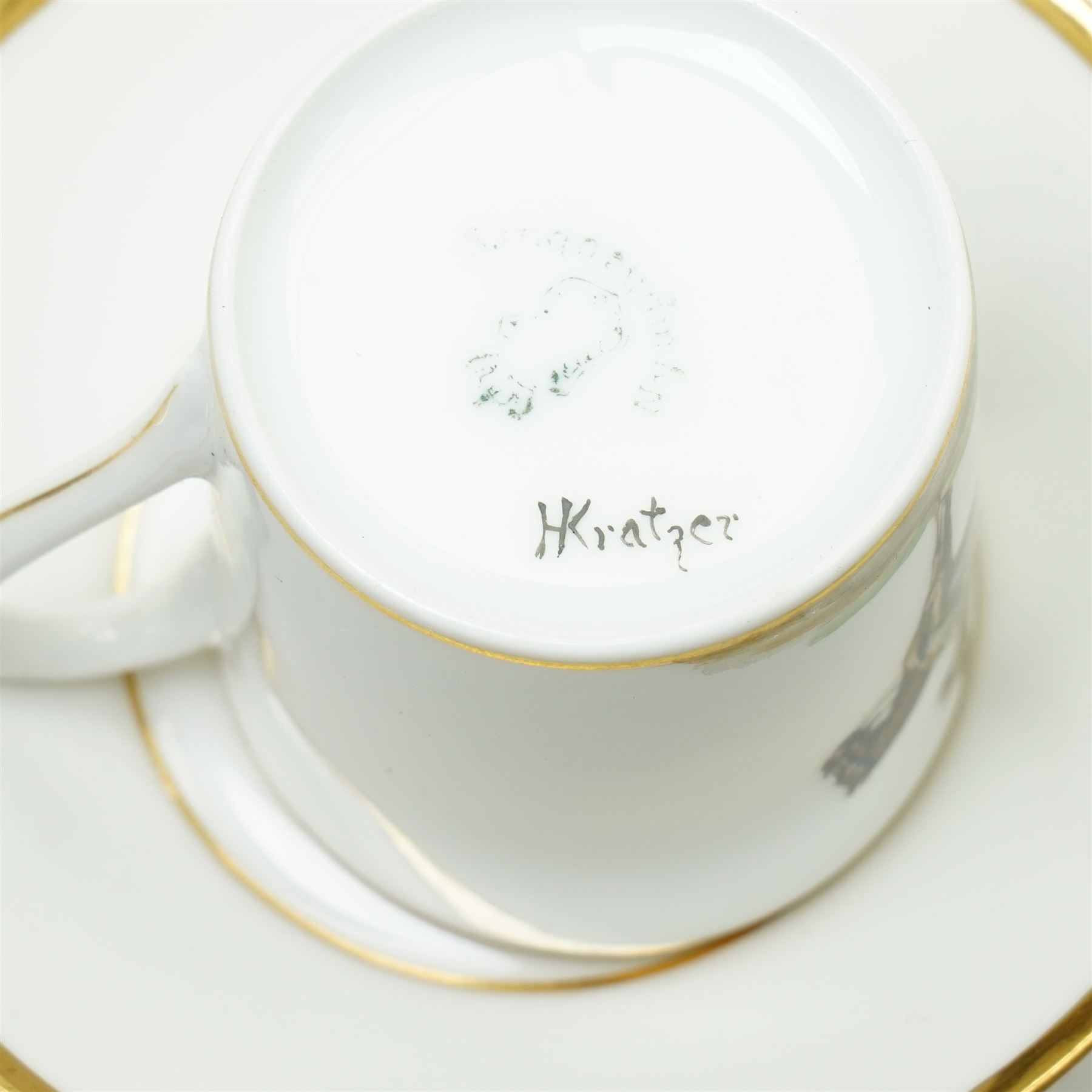 Nymphenburg coffee set painted with WWI military scenes after Hans Kratzer, comprising six coffee cans and saucers, coffee pot, cream jug and covered sugar bowl