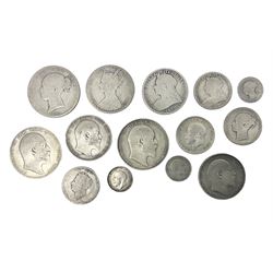 Approximately 110 grams of Great British pre-1920 silver coins, including Queen Victoria 1872 shilling, gothic florin, 1880 half crown, King Edward VII 1907 standing Britannia florin, 1906 and 1907 half crowns etc. 