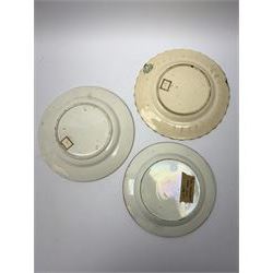 Three 18th/19th century nursery plates, comprising example decorated with central printed chinoiserie scene of pagoda, fence and two figures with bird, within a moulded swag and patera border, D18cm, a William Smith & Co example decorated in the Napoleon pattern with moulded floral border, with printed mark detailed Napoleon WS&Co and faint impressed mark WS&Co's Wedgewood beneath, D18cm, and a pearlware example decorated with chinoiserie figural scene within a moulded border, with overpainted decoration, collectors label beneath inscribed 'Early Wedgwood or Leeds 1750-60', D16cm

