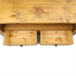 Indigo Furniture - rustic oak media cabinet, rectangular top over open shelf, two drawers fitted to base