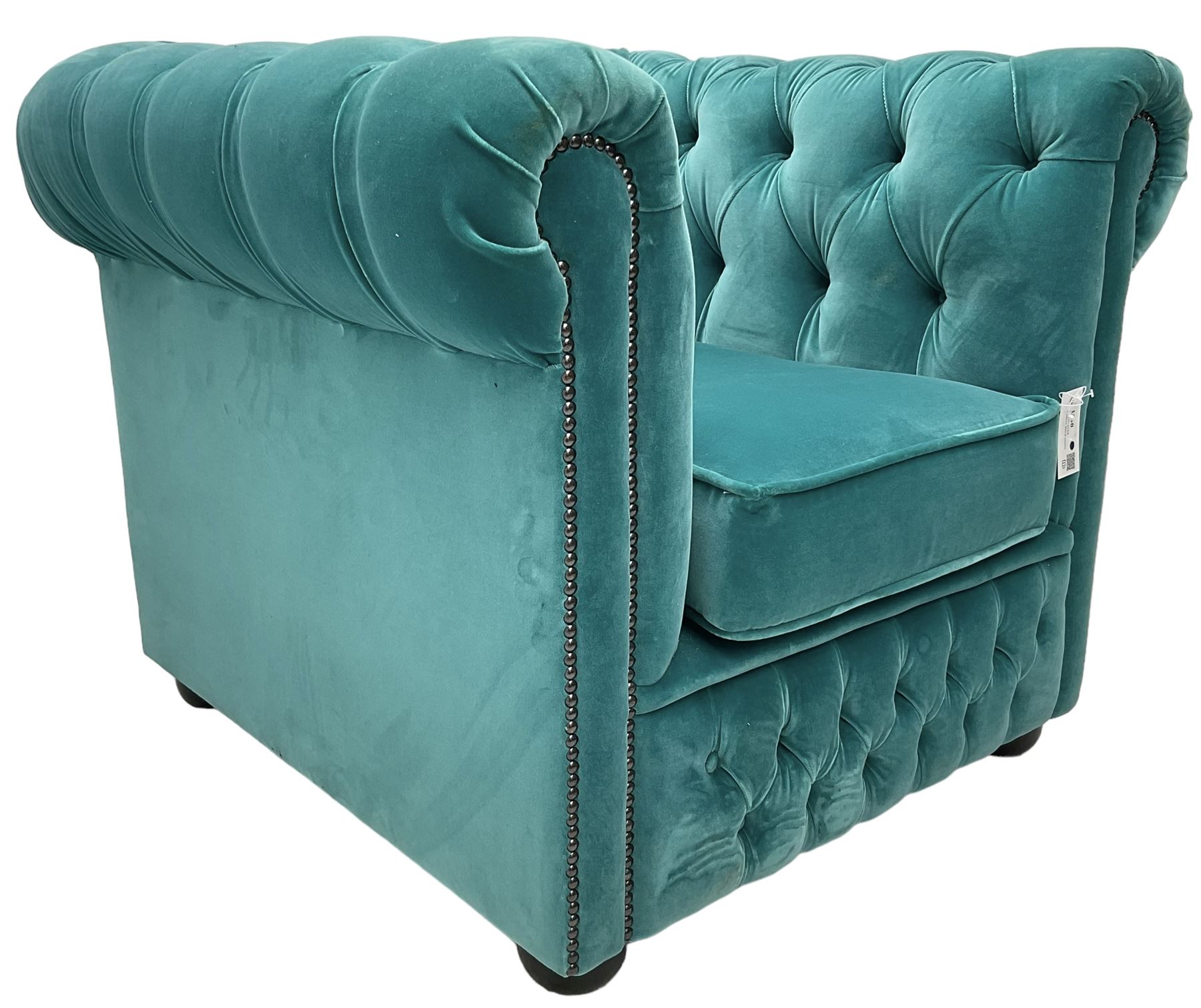 Sofas by Saxon - Chesterfield shape armchair, upholstered in buttoned aqua blue velvet fabric