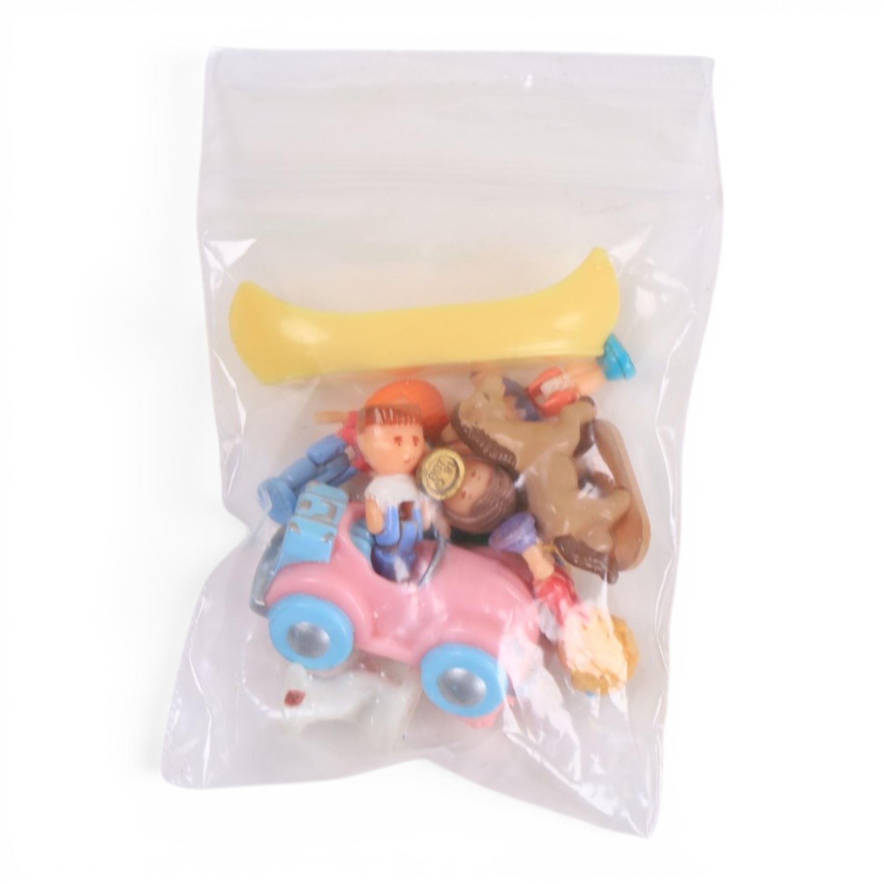 Bluebird Polly Pocket 1991 Dream World playset, with six original dolls and  pig, dog, pony, pink car and yellow canoe accessories, in original box, together with 1996 Bluebird Polly Pocket Magical Movin' Pollyvillle Playset, with five original dolls including magnetic Polly and eight dresses and a boxed 1991 Let's Party Board Game