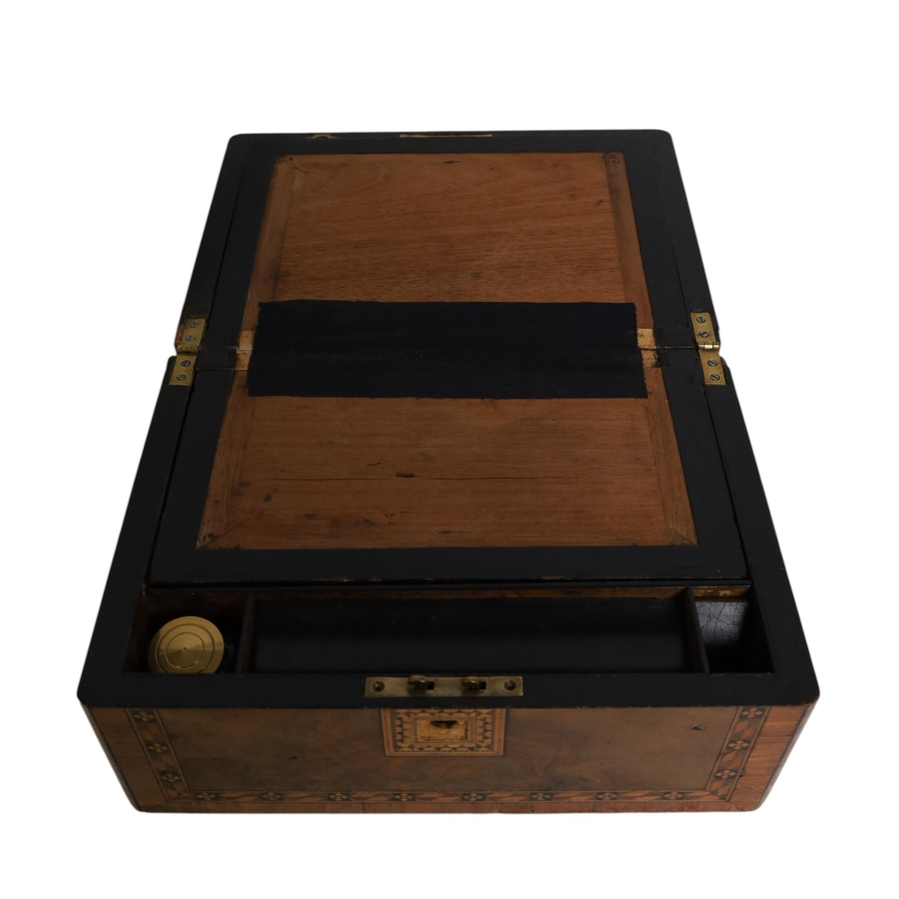 19th century burr-walnut writing slope, with inlaid mother-of-pearl decoration, fitted interior and two inkwells, together with a  parquetry writing slope, H16cm