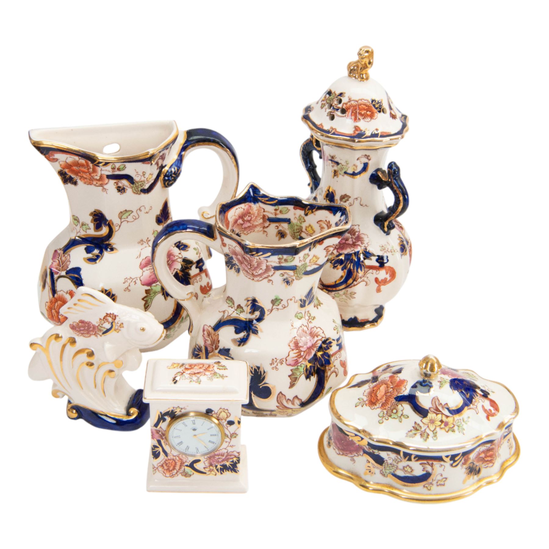 Collection of Mason ‘Mandalay’ pattern ceramics, to include vase and cover, two clocks, candle sticks, wall vases, ginger jar etc 