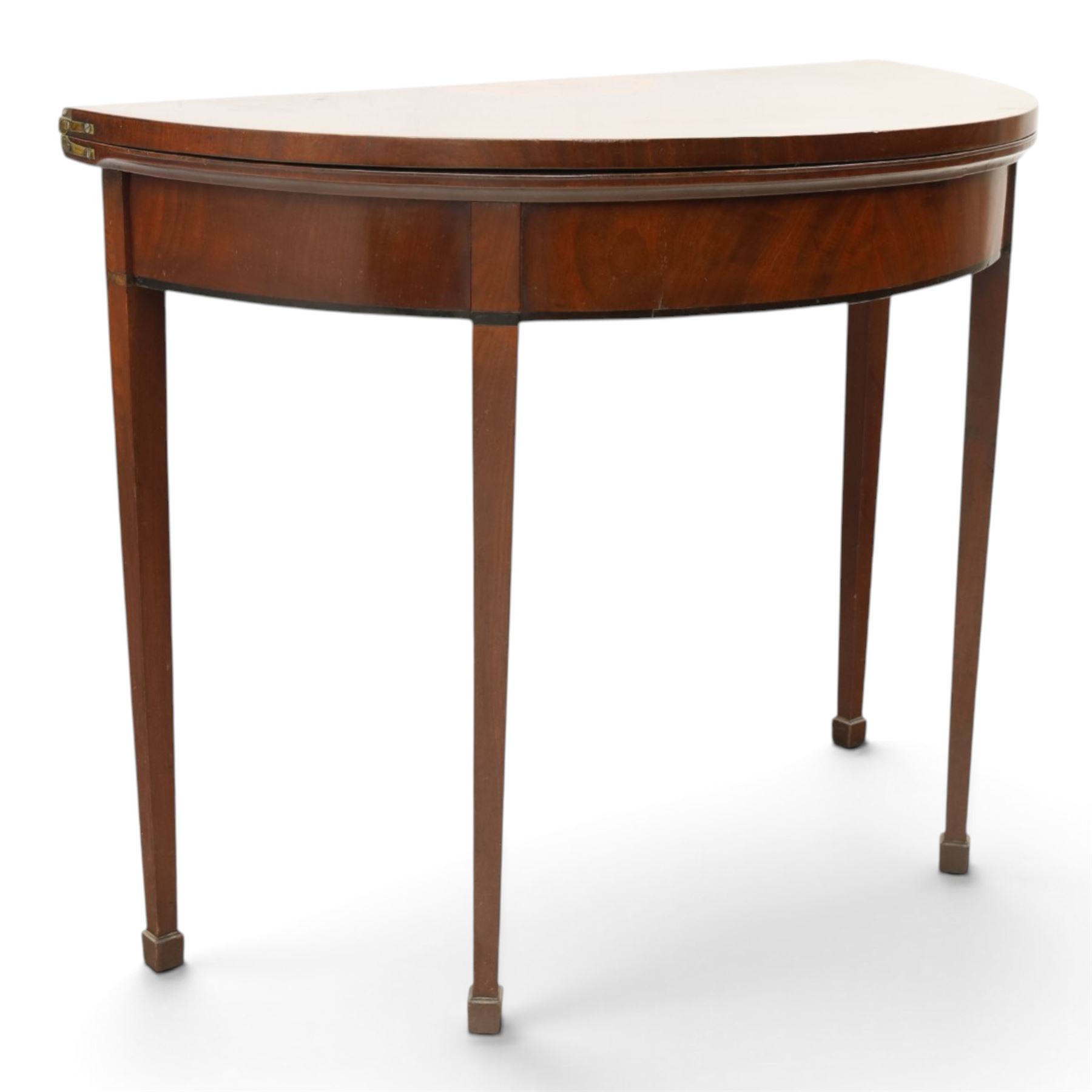 Edwardian mahogany inlaid demi-lune side table, inlaid top with shell motif, green baize interior, with gateleg, raised on square tapering supports terminating in spade feet