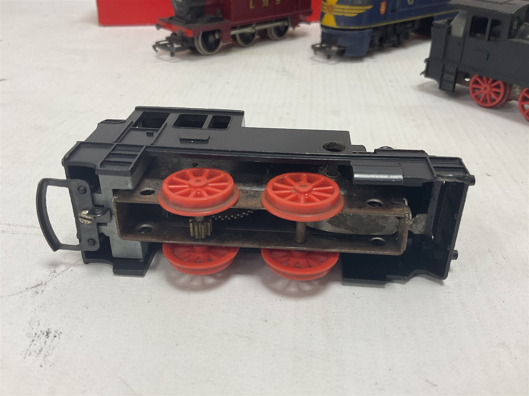 Hornby/Tri-Ang ‘00’ gauge - nine locomotives to include Britannia Class ‘Britannia’ 4-6-2 no.70000 in BR green; Class M7 4-4-0 Tank no.30027 in BR black; Princess Class ‘Princess Victoria’ 4-6-2 no.46205 in BR black; in original boxes; further loose models Princess Class ‘Princess Elizabeth’ 4-6-2 no.46201 in BR green; Class 3F 0-6-0 tank no.7606 in LMS crimson; TR double ended diesel locomotive; three further tank locomotives and one loose tender (10) 