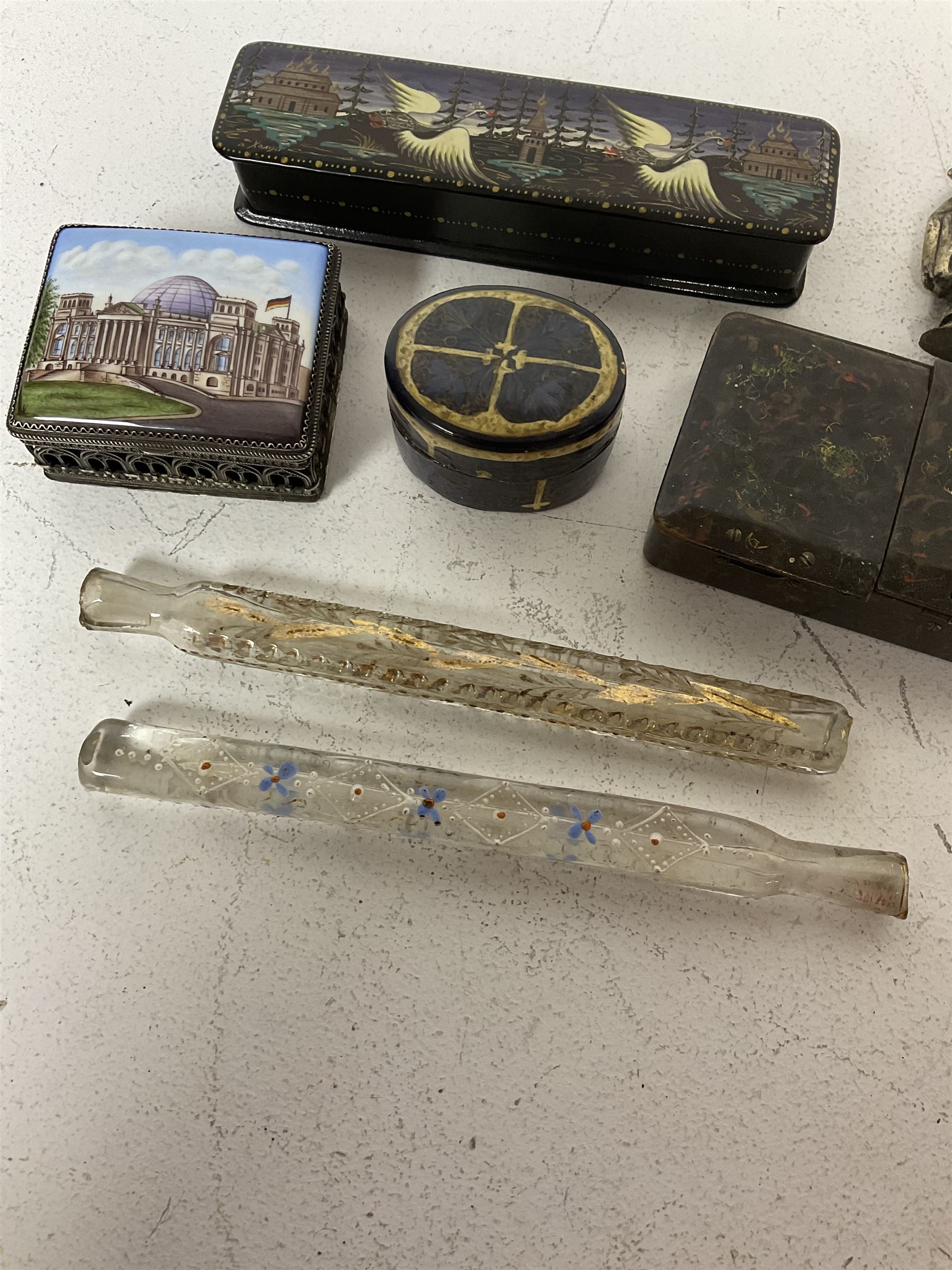 Two 19th century glass tear catcher lachrymatory bottles, together with a Japanese lacquered box and two similar, a trinket box with ceramic cover and a small pewter figure of Confucius