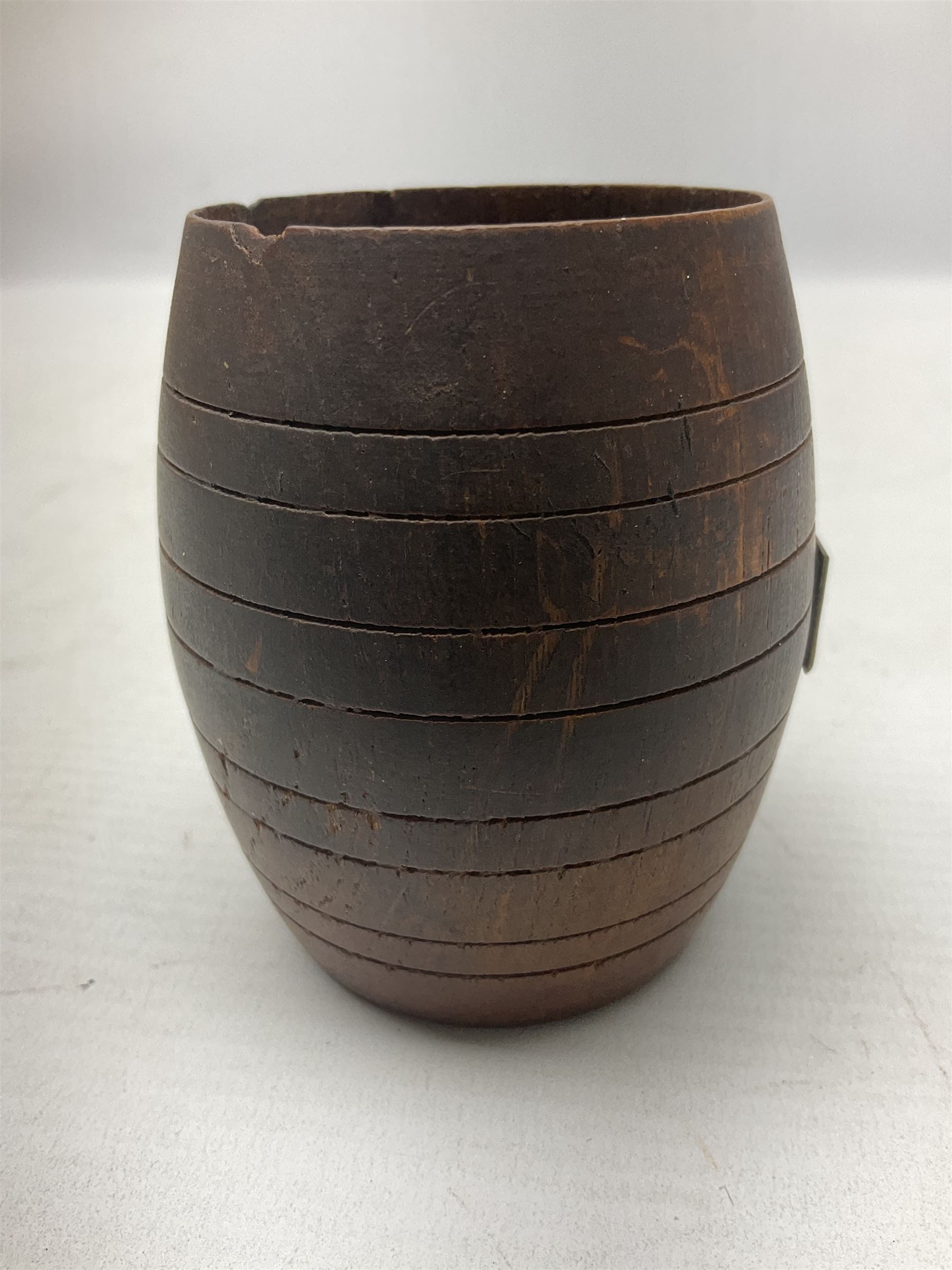 Treen miniature barrel with brass plaque entitled 'From the Teak of HMS Iron Duke Admiral Jellicoe's Flag Ship Jutland 1916' H17cm