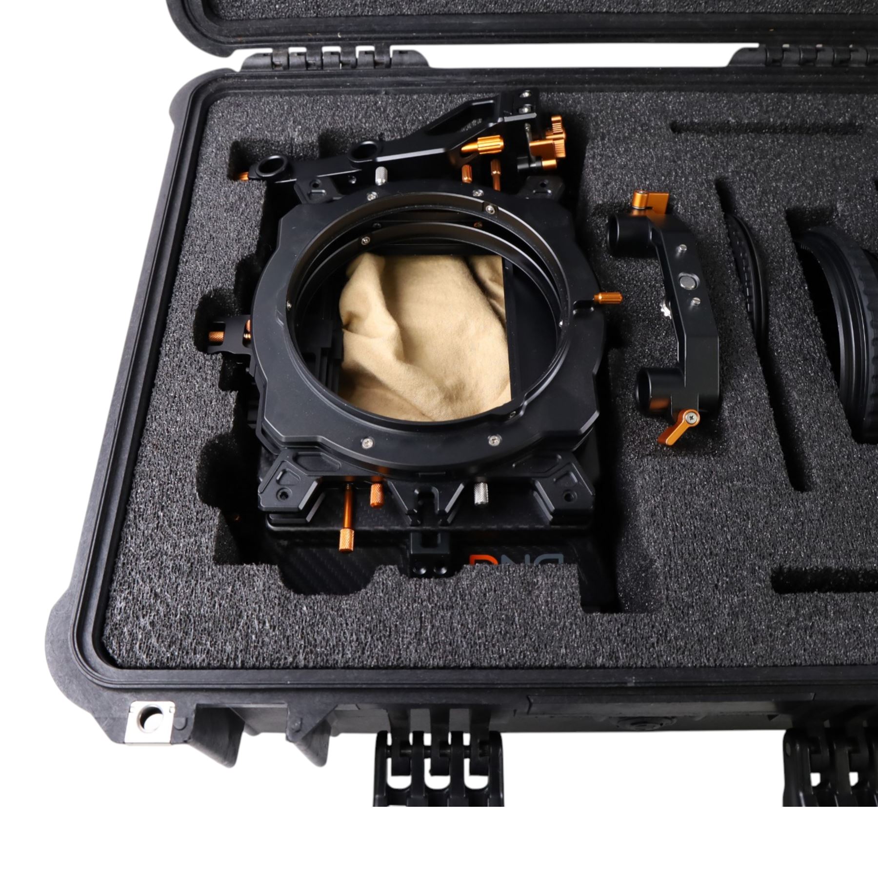 Bright Tangerine Strummer DNA Matte Box with three filter plates, 19mm studio rod holder and 15mm swing away arm, set of five masks, three donuts 138mm, 110mm, 87mm and three top and side flags, contained within a Peli 1550 case