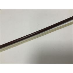 19th century wooden violin bow with a decorative mother of pearl inlay depicting flowers to the frog, with a bone adjuster screw