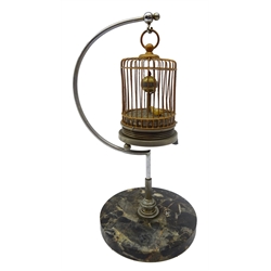  Small singing bird automaton clock, gilt metal cage on curved chrome support and circular marble base, H27cm  
