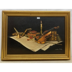 William Bisley (20th century): Still life of a Violin and Library Artefacts, oil on canvas signed 49cm x 75cm 