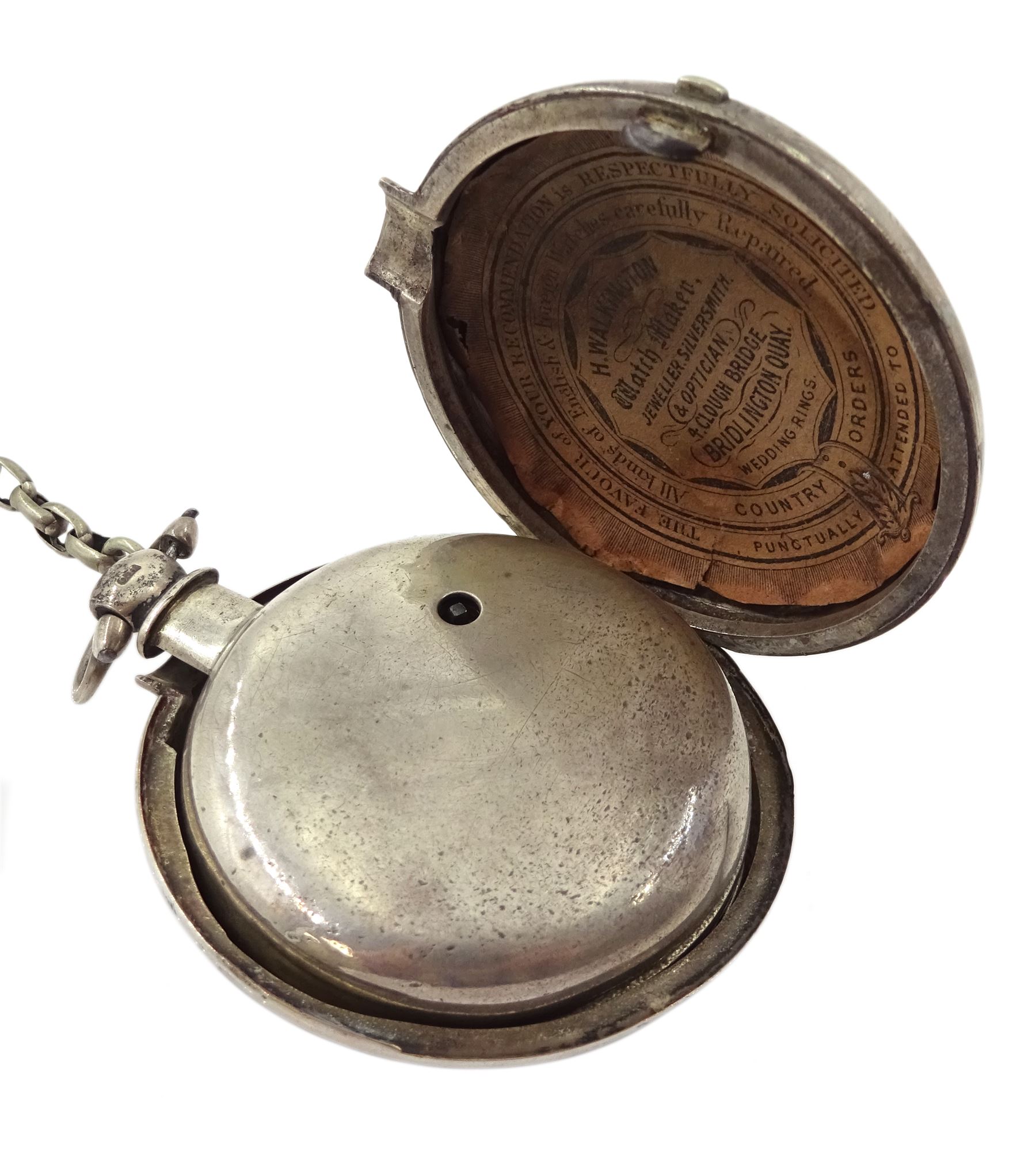 Victorian silver pair cased key wound fusee lever pocket watch by H. Walkington, Bridlington Quay, No. 57125, white enamel dial with Roman numerals and subsidiary seconds dial, case by Charles Harris, Birmingham 1895, on white metal chain