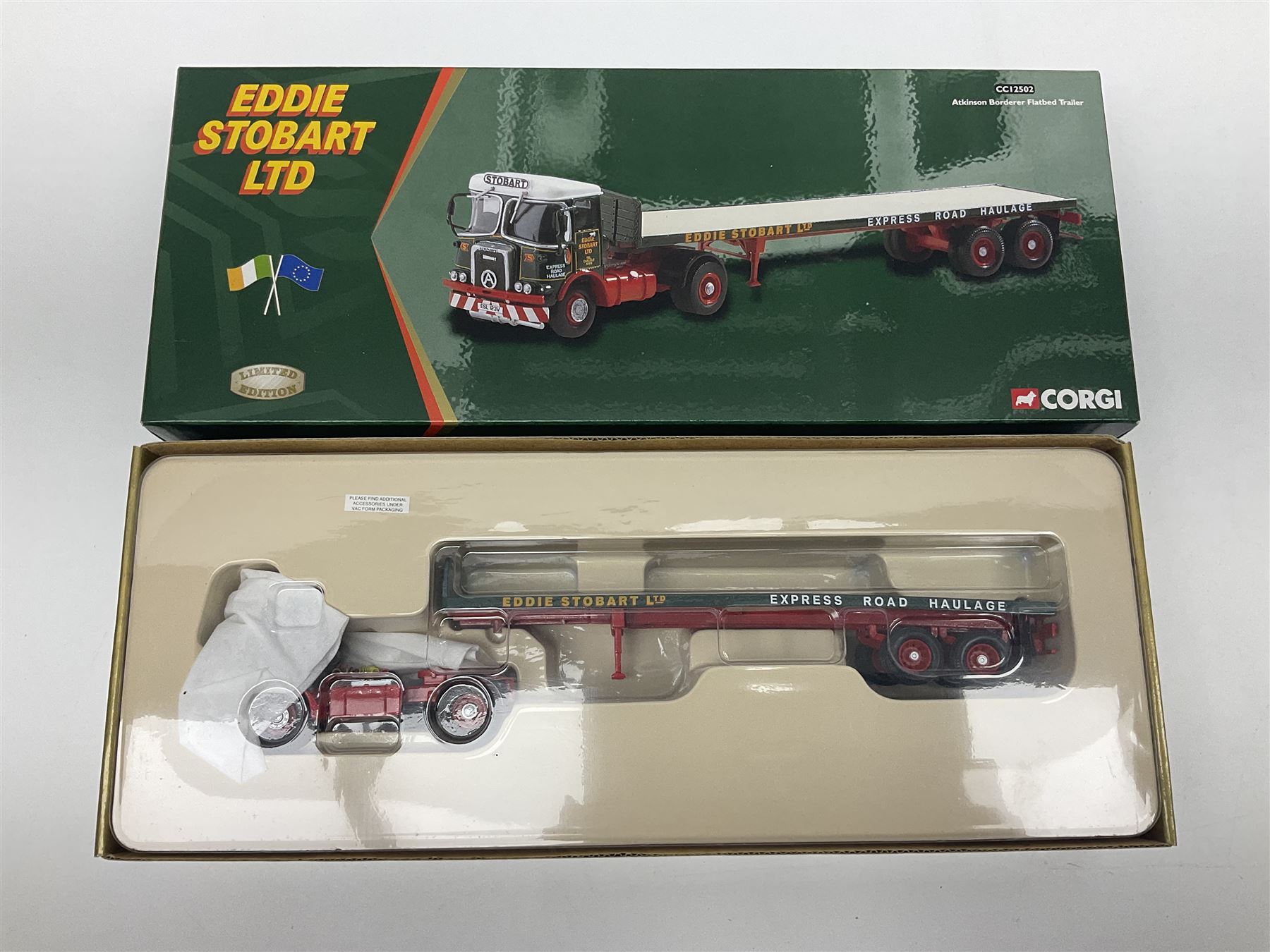 Corgi Eddie Stobart - four heavy haulage vehicles comprising 75201 ERF Curtainside; 75403 Leyland-DAF Curtainside; both in plastic display boxes; CC12610 Scammell Crusader 3 Axle Low Loader; and CC12502 Atkinson Borderer Flatbed Trailer; together with AA30008 Douglas DC-3 Aircraft; all boxed (5)