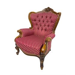 Pair of French design beech framed armchairs, moulded frame carved with foliate cartouche, scrolled arms carved with foliage terminating to cabriole feet, upholstered in buttoned red patterned fabric
