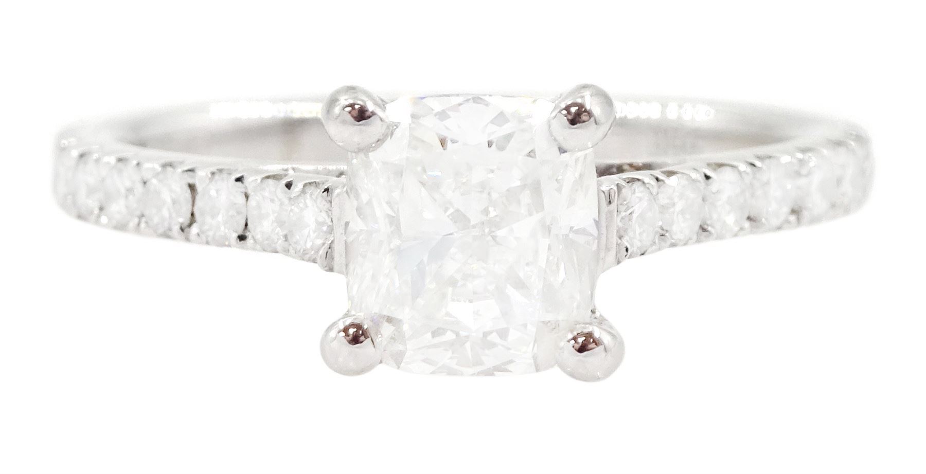 18ct white gold diamond ring, set with a single cushion cut diamond of 1.01 carat, with round brilliant cut diamond shoulders, hallmarked, with International Gemological Institute Report