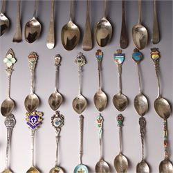 Collection of assorted silver teaspoons, souvenir spoons with enamel decoration etc