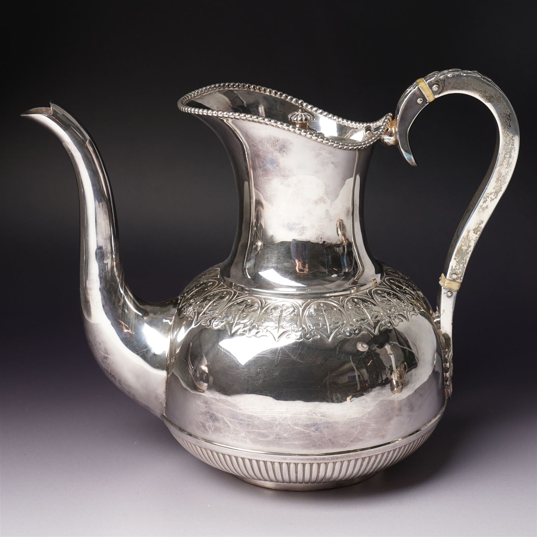 Edwardian silver four piece tea and coffee set with leaf capped handles and foliate banding Sheffield 1902-1905 Maker Richard Richardson