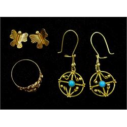 Pair of 14ct gold turquoise pendant earrings, pair of 9ct gold butterfly stud earrings and a 9ct gold knot ring