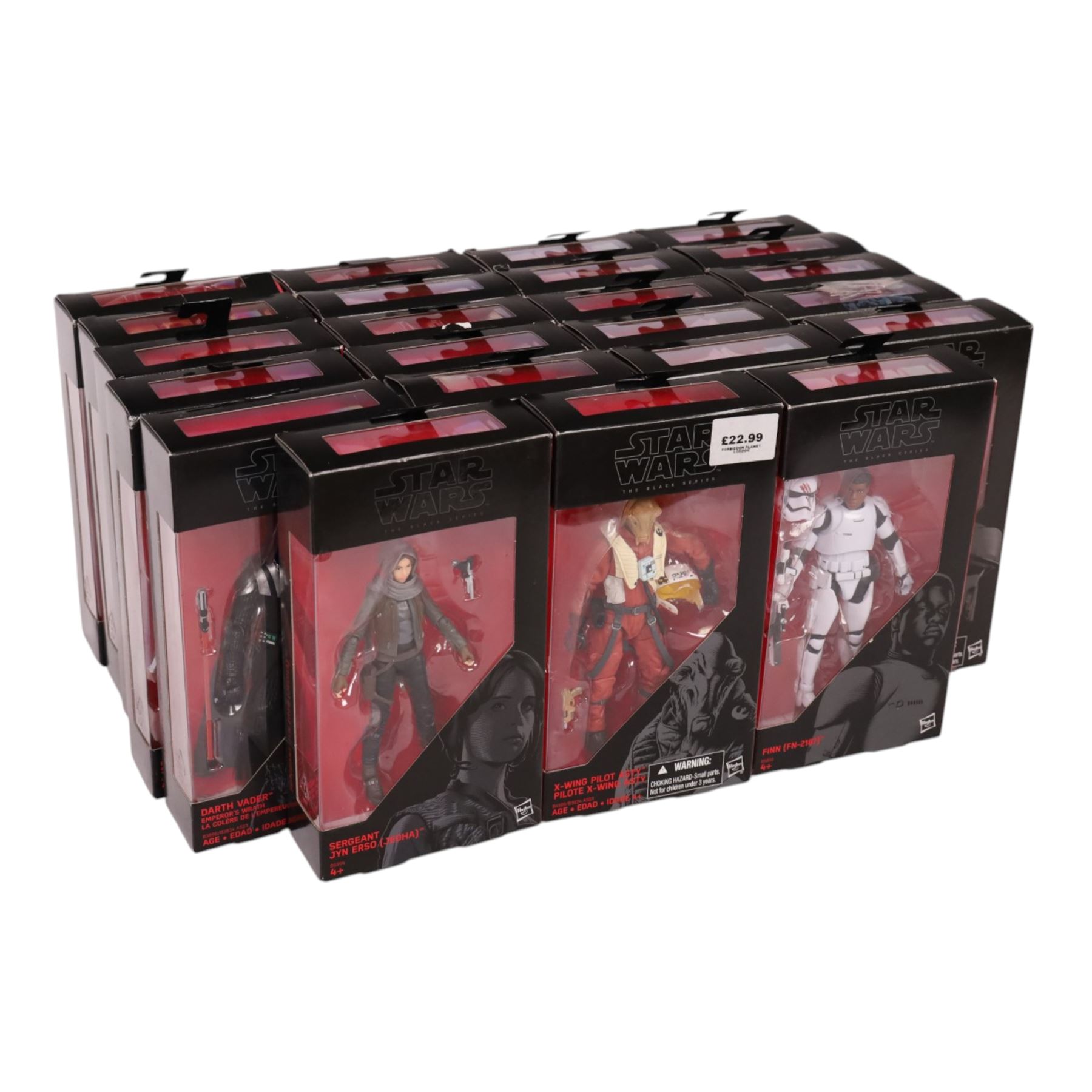 Twenty three Star Wars Black Series Red Wave action figures, comprising Han Solo, Snowtrooper, Imperial Shock Trooper, Tie Fighter Pilot, Chewbacca, Director Krennic, Sabine Wren, Sergeant Gyn Erso, Snowtrooper (Battlofront), Scarif Stormtrooper Squad Leader, Flametrooper, Kylo Ren, Constable Zuvio, Poe Dameron, Guavian Enforcer, X Wing Pilot Asty, Finn, Darth Vader, Stormtrooper, C-3P0, Captain Phasma and Jango Fett,  all boxed