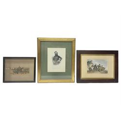 After Ackermann, Crimean War colour print in the Cobham Scenes series entitled '17th Light Dragoons (Lancers)', 15 x 19cm, Hogarth type frame; 19th century engraving of John Penn Private in the 17th Lancers, gilt frame; and oakframed colour print of a Napoleonic War scene (3)