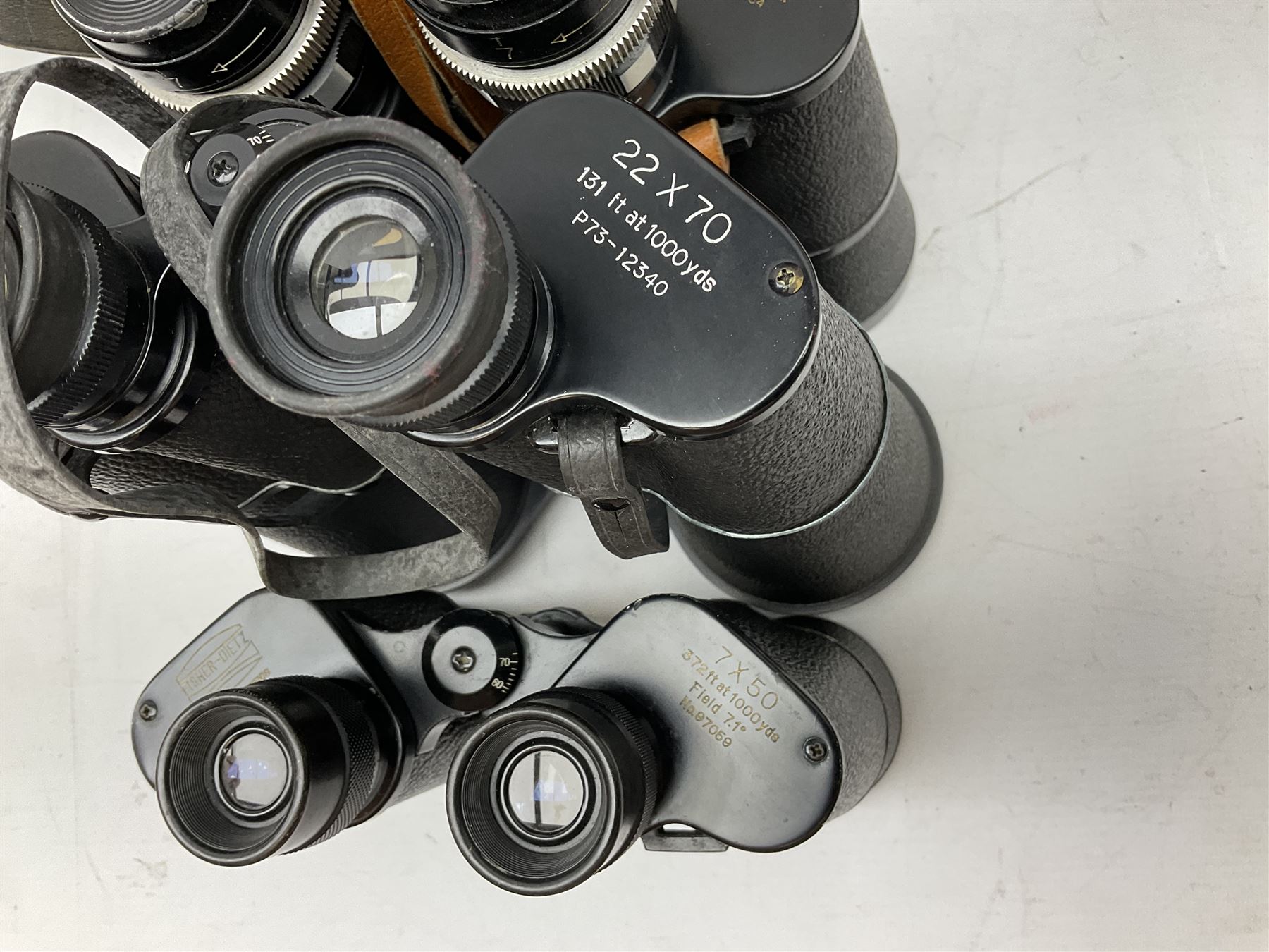 Nine cased pairs of binoculars, to include Tohyoh 22x70, Greenkat 7x- 12x50, Chinon, Fisher-Dietz 7x50, etc