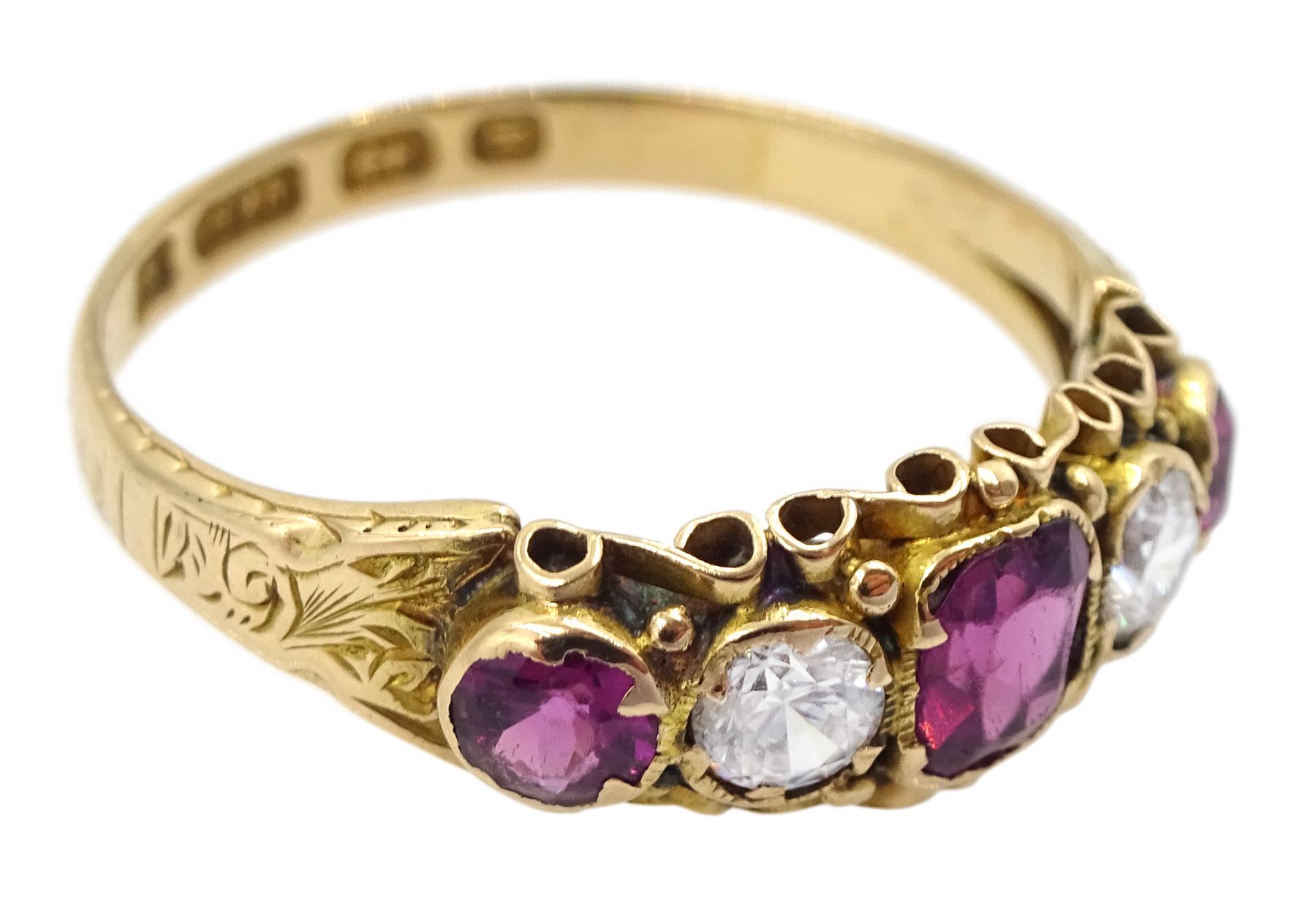 Victorian 15ct gold five stone clear and purple paste ring, Birmingham 1866