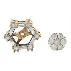 Pair of gold diamond cluster stud earrings, with detachable diamond baguette and round brilliant cut diamond cradles, stamped 10K