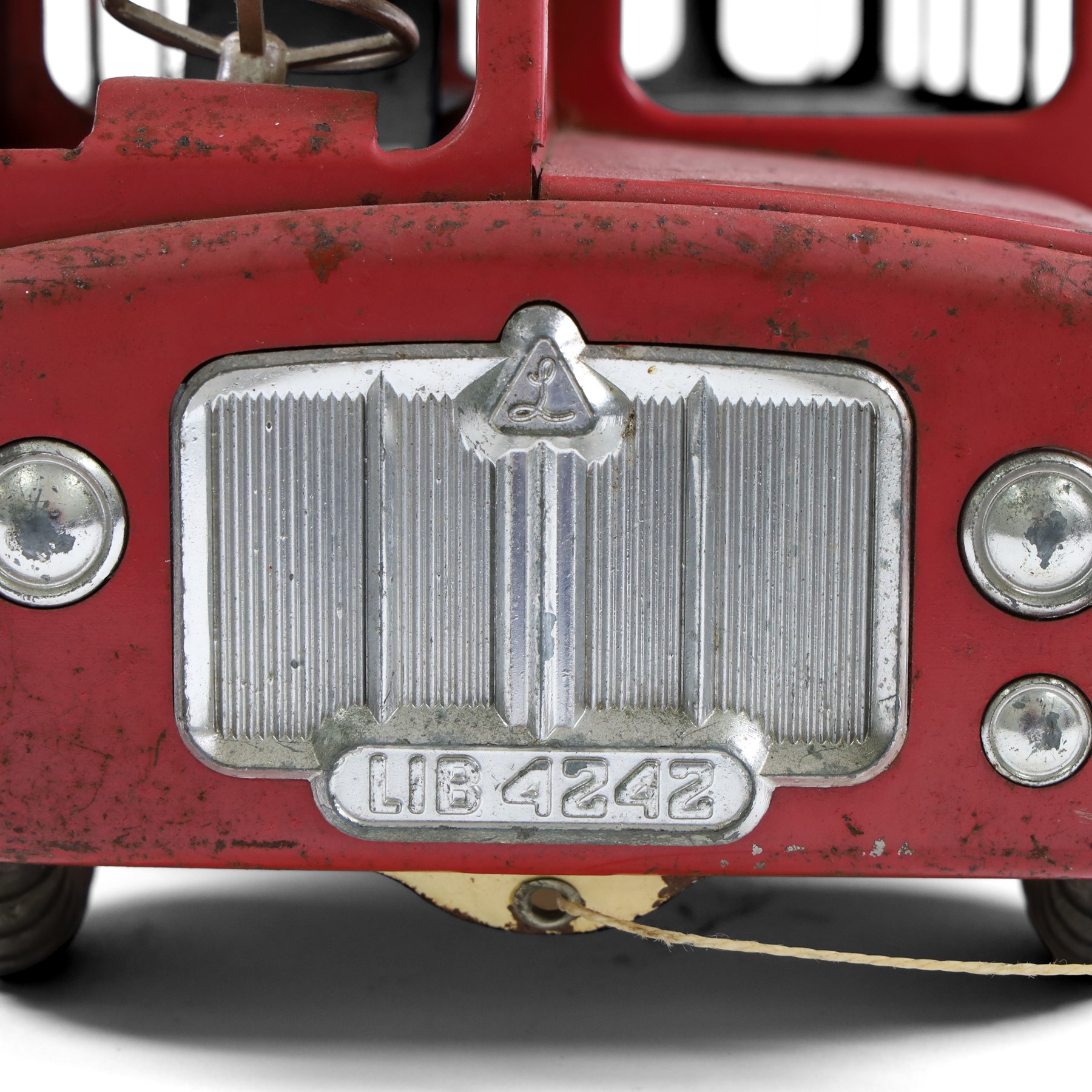 Tri-ang pressed steel pull-along London Transport Routemaster Double-Decker Bus, LIB4242, Route no.93 with destinations Wimbledon, Morden and Putney BDG Station, with red London Transport livery, blue interior, with pull cord and bell, H32cm, L57cm